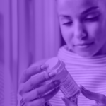purple image of woman holding a prescription bottle.